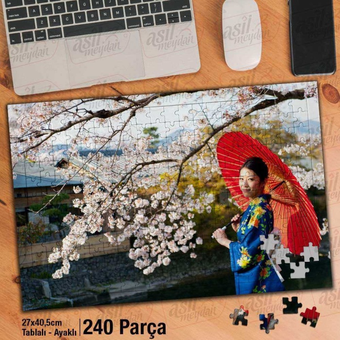 Asil Hobi Kiraz Ağacı - Çiçekler - Japon Kız Yapboz - Ayak Destekli Çerçeveli 240 Parça Puzzle