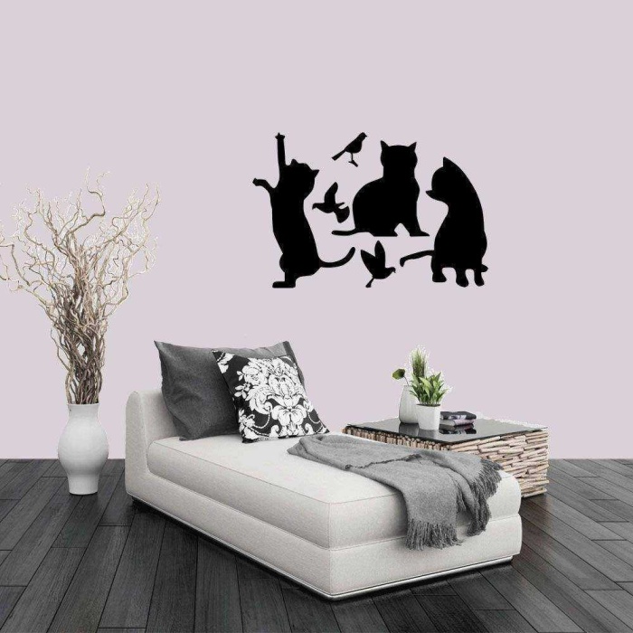 Kediler Ve Kuşlar Silüeti Dekoratif Duvar Sticker, Çıkartma, Etiket
