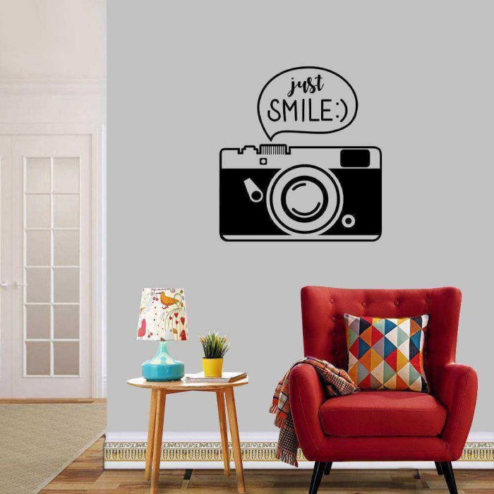 Just Smile Yazılı Fotoğraf Makinesi Dekoratif Duvar Sticker, Çıkartma, Etiket