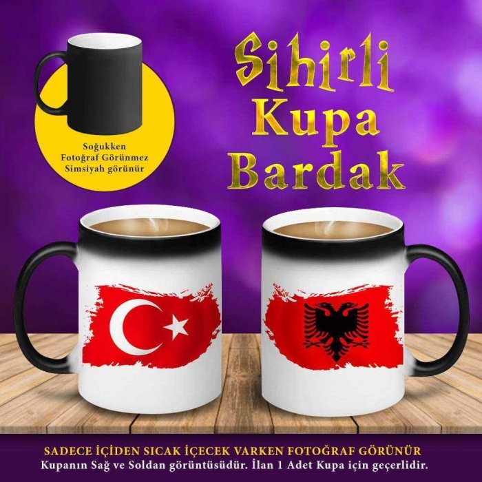 Türkiye Arnavutluk Bayrak Sihirli Hediyelik Kupa Bardak-S4590_