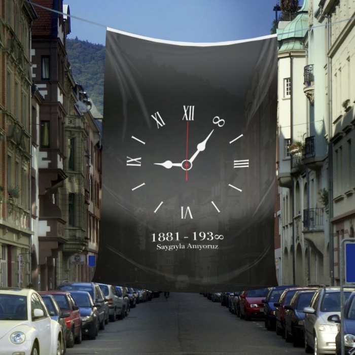 10 Kasım Unutmayacağız Sonsuz Saat Temalı Anma Bayrağı Dış cephe poster ATA46