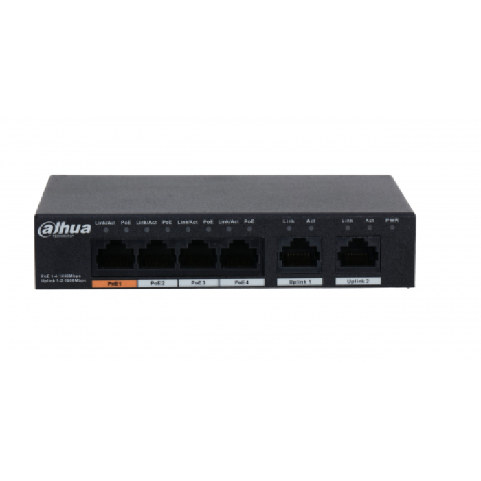 DAHUA PFS3006-4GT-60-V2, 6 Port, Gigabit, 4 Port PoE, 60W, Yönetilemez, Masaüstü Switch