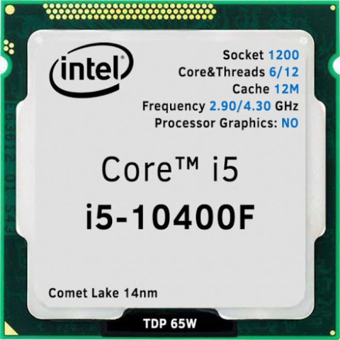 INTEL i5-10400F 6 Core, 2.9Ghz, 12Mb, 65W, LGA1200, 10.Nesil, TRAY, (Grafik Kart YOK, Fan YOK)