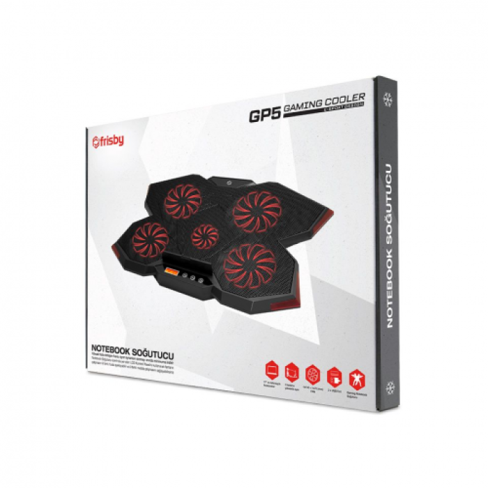 FRISBY FNC-5255B (4x14cm 1x7cm) 5 adet Fan, 10&quot;-17&quot; Gaming Notebook Soğutucu, Ayarlanabilir Hız, 3 Kademeli Stand, Kırmızı Ledli (Siyah)