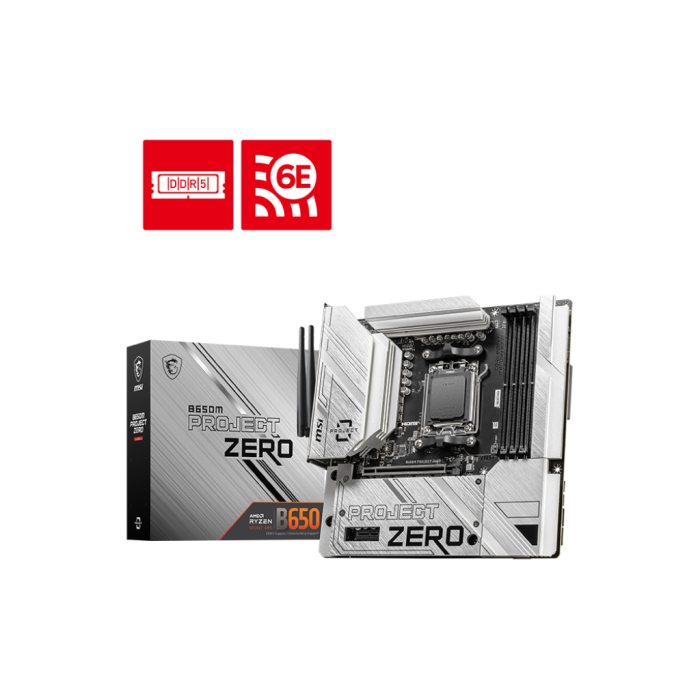 MSI B650M PROJECT ZERO AM5 DDR5 7600MHZ(OC) HDMI DP M.2 USB3.2 2.5G LAN WI-FI 6E mATX