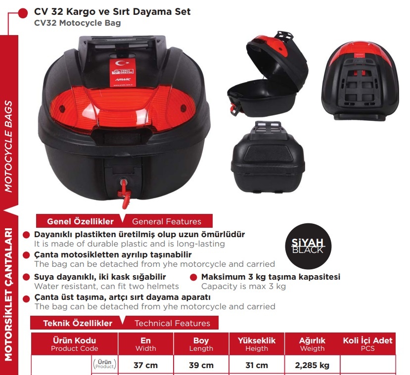 Arwic CV 32 L Kargo  ve Sırt Dayama Set  Arka Çanta Siyah