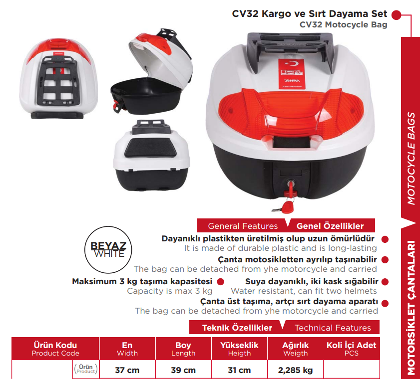 Arwic CV32 Litre  Çanta Kargo ve Sırt Dayama Set Beyaz