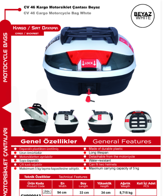 Arwic CV 46 Litre Kargo Motosiklet Çantası Beyaz