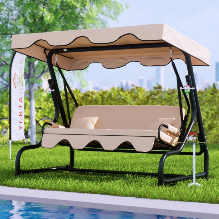 Yekta 3 Kişilik Bahçe Salıncağı Balkon Salıncağı Marmaris Krem