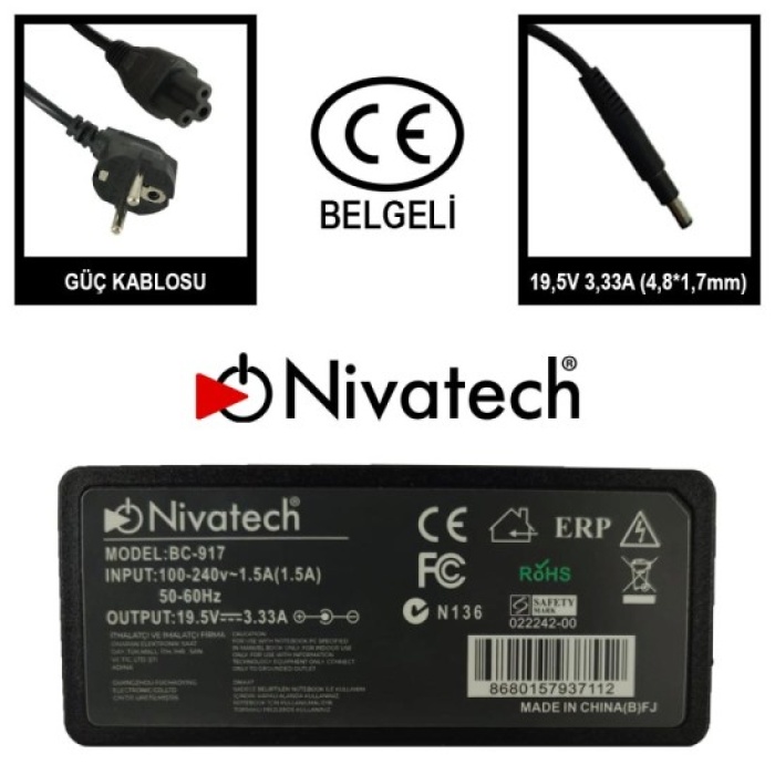 Nivatech BC-917-2  19.5V 3.33A  65W 4.8*1.7mm Kademeli HP  Notebook Adaptör
