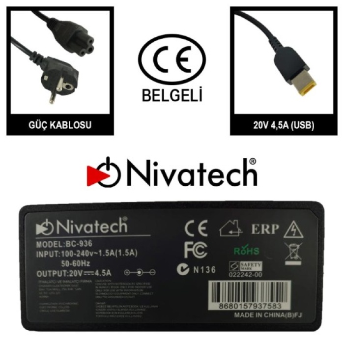 Nivatech BC-936   20V 4.5A 90W  USB  LENOVO	Notebook Adaptör