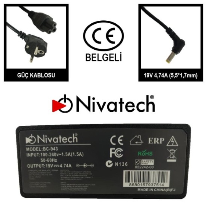 Nivatech BC-952    19V 3.16A 60W  5.5*3.0mm Samsung Notebook Adaptör