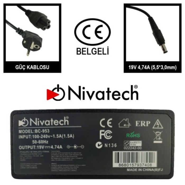 Nivatech BC-953-2 AC/DC LAPTOP POWER SUPPLY 19V 4,74A (5,5*3,0mm) SAMSUNG