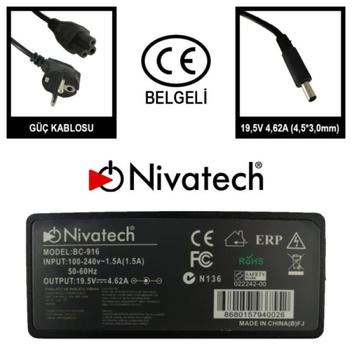 Nivatech BC-916   19.5V 4.62A  90W 4.5*3.0mm HP ULTR. Notebook Adaptör