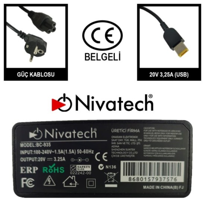 Nivatech BC-935-2    20V 3.25A 65W  USB  LENOVO Notebook Adaptör