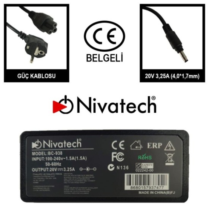 Nivatech BC-938-2   20V 3.25A  65W  4.0*1.7mm  Lenovo Notebook Adaptör