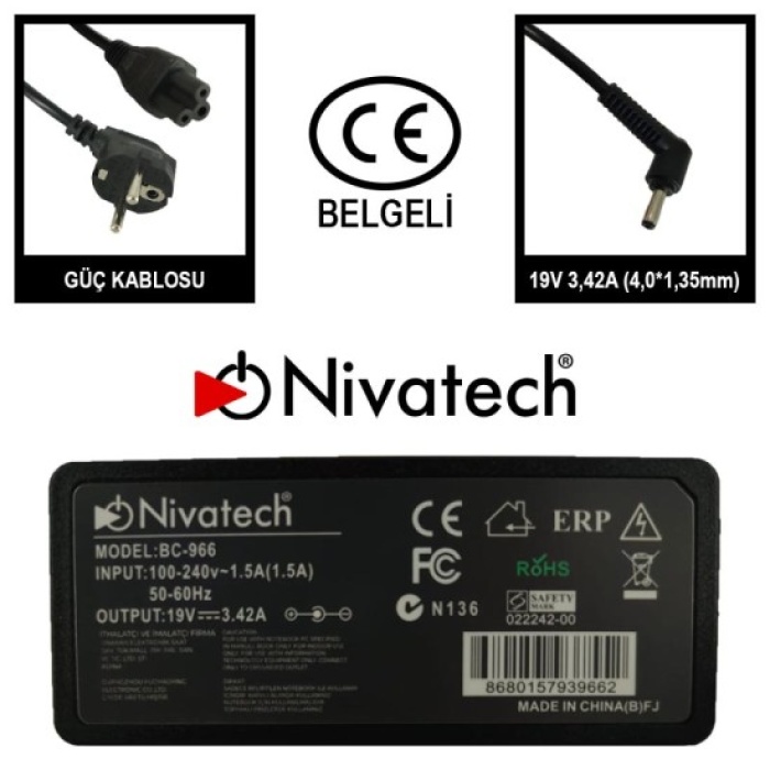 Nivatech BC-966-2  19V 3.42A  65W  4.0*1.35mm Asus Notebook Adaptörü