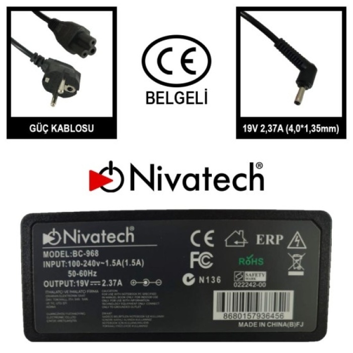 Nivatech BC-968-2    19V 2.37A  45W  4.0*1.35mm Asus Notebook Adaptörü