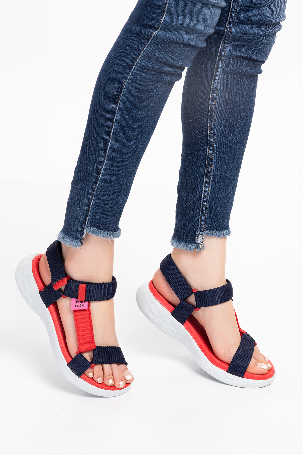Baran Shoes Kadın Sandalet Kırmızı Lacivert Çırtlı