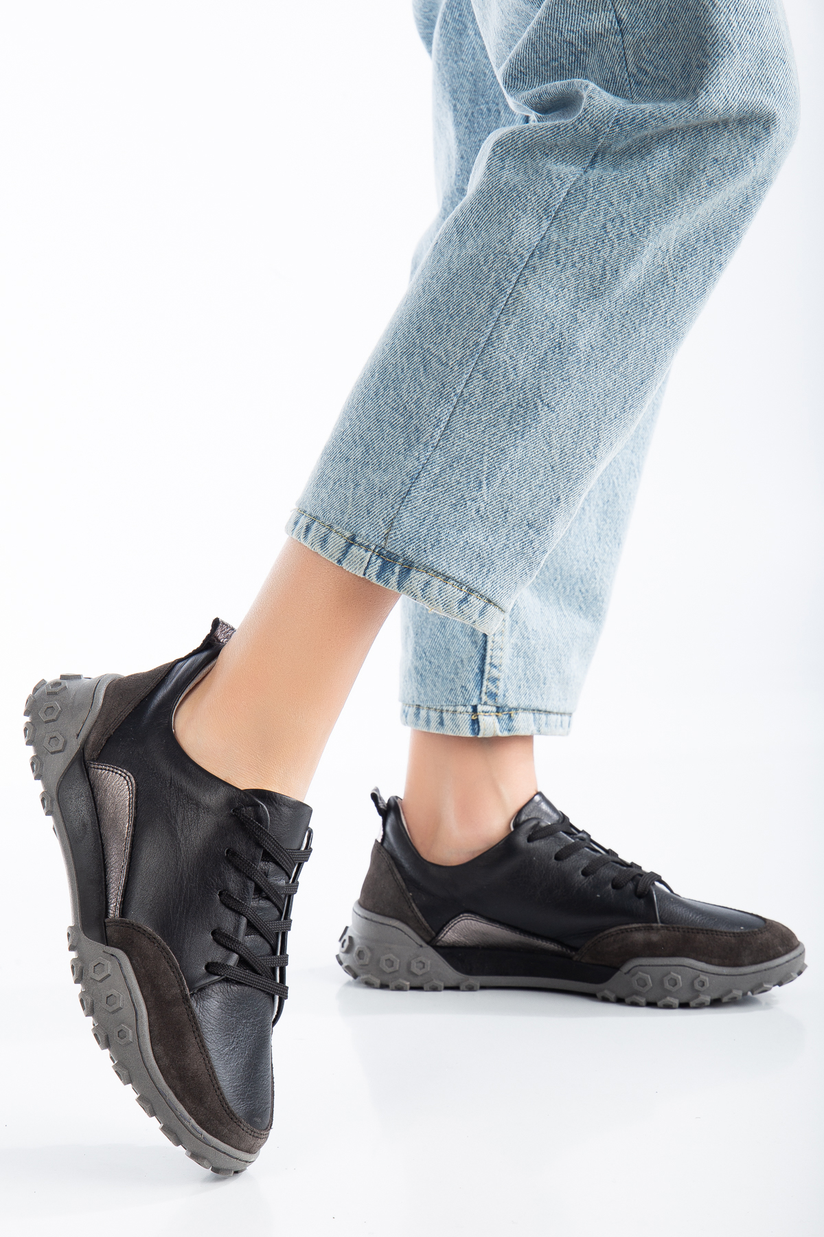Siyah Bayan İçi Dışı Hakiki Deri Sneakers