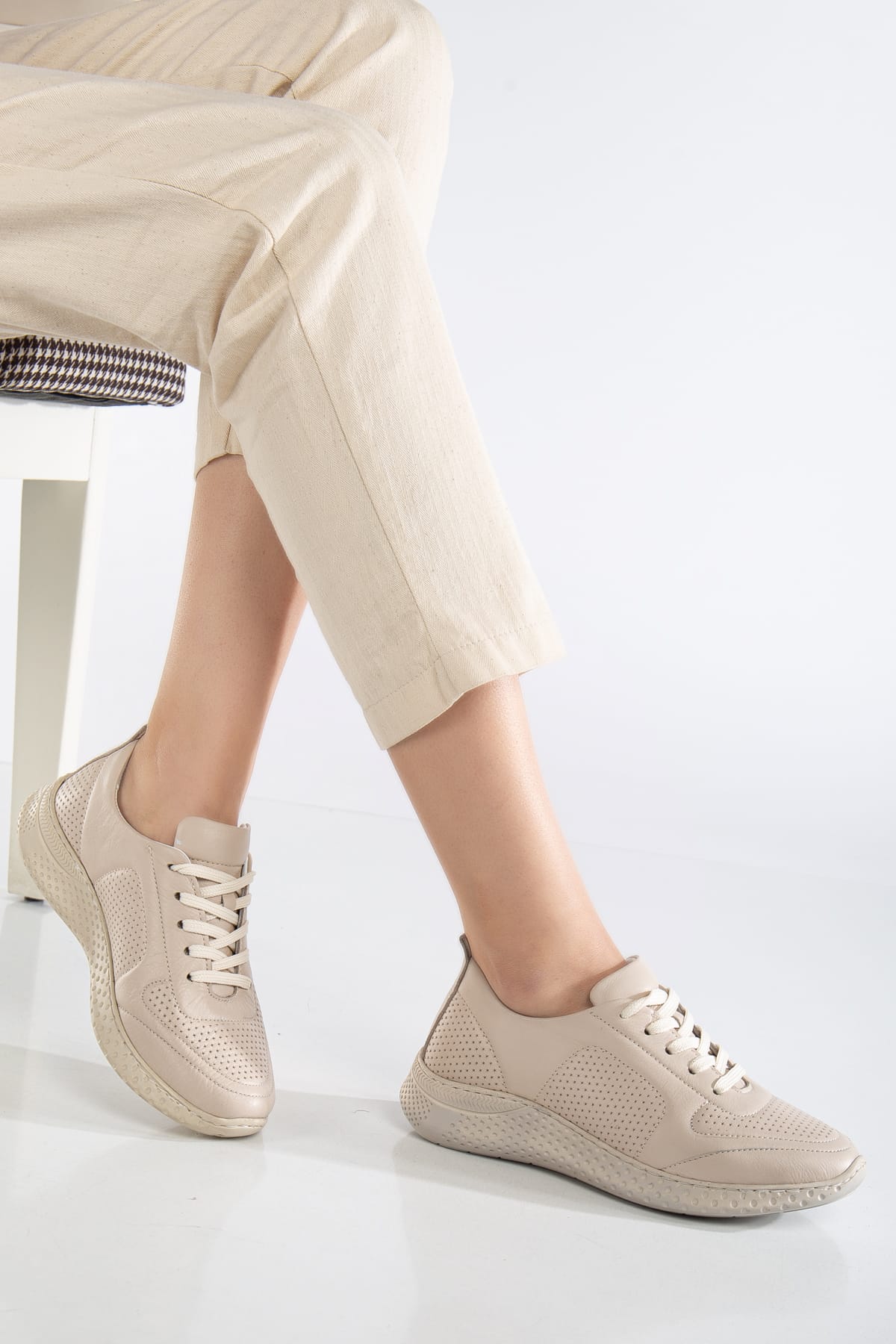 Kadın Sneakers Nude İçi Dışı Hakiki Deri Spor Ayakkabı