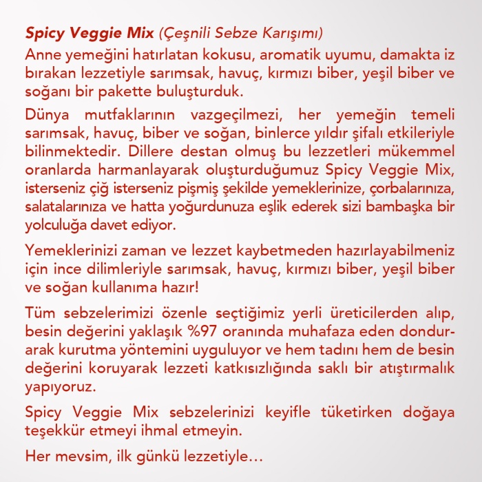 SPICY VEGGIE MIX 6LI SET  | Havuç, Sarımsak, Soğan, Kırmızı Biber, Yeşil Biber, Kekik, Tuz | Çeşnili Sebze Karışımı | 6 Al 5 Öde Paketi |