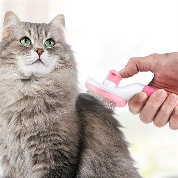 Kedi Köpek Tüy Toplayıcı Kendini Temizleyebilen Ergonomik Saplı Evcil Hayvan Tarağı Pembe