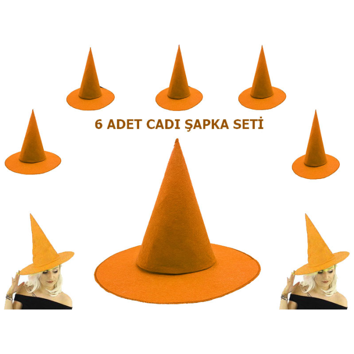 Turuncu Renk Keçe Cadı Şapkası Yetişkin Çocuk Uyumlu 6 Adet
