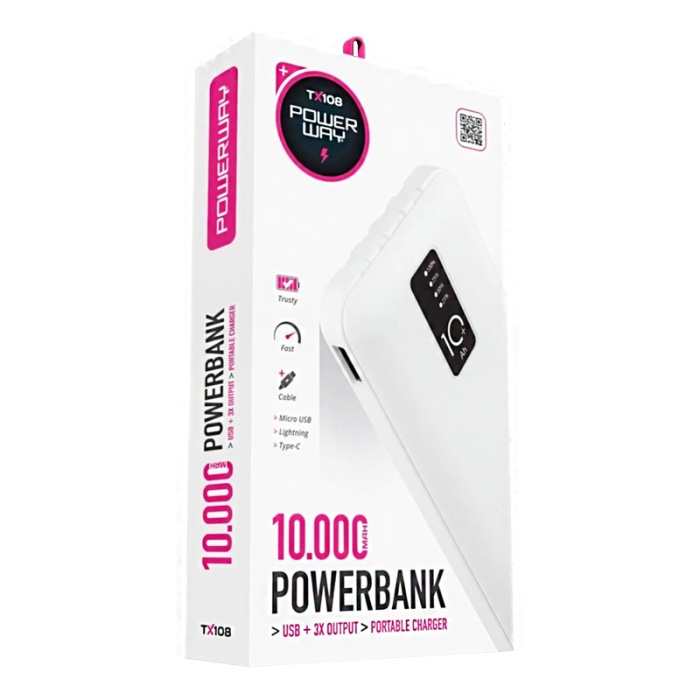 POWERWAY TX108 10000 MAH SİYAH GÖSTERGELİ EKSTRA KABLOLU 4 ÇIKIŞLI POWERBANK (81)