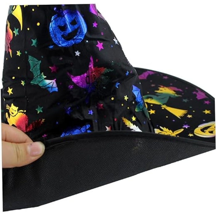 Cadı Şapkası Siyah Üzeri Rengarenk Balkabağı Cadı Figür Baskılı 38x34 cm (81)