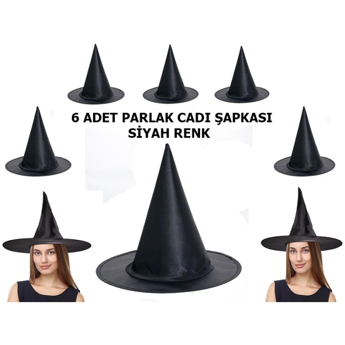 Halloween Siyah Renk Parlak Dralon Cadı Şapkası Yetişkin ve Çocuk Uyumlu 6 Adet (81)