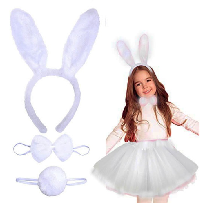 Tavşan Tacı Eteği Papyonu ve Kuyruk Kostüm Seti Beyaz Renk Çocuk Boy (K0)