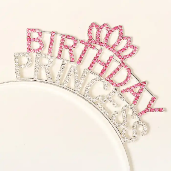 Kristal Taşlı Pembe Birthday Princess Yazılı Parti Tacı 19x11 cm (K0)
