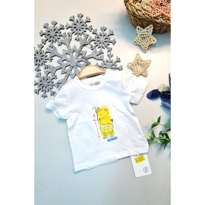 %100 Pamuk Yazlık Bebek T-Shirt Beyaz Artist Baskılı Çocuk Yarım Kollu T-Shirt