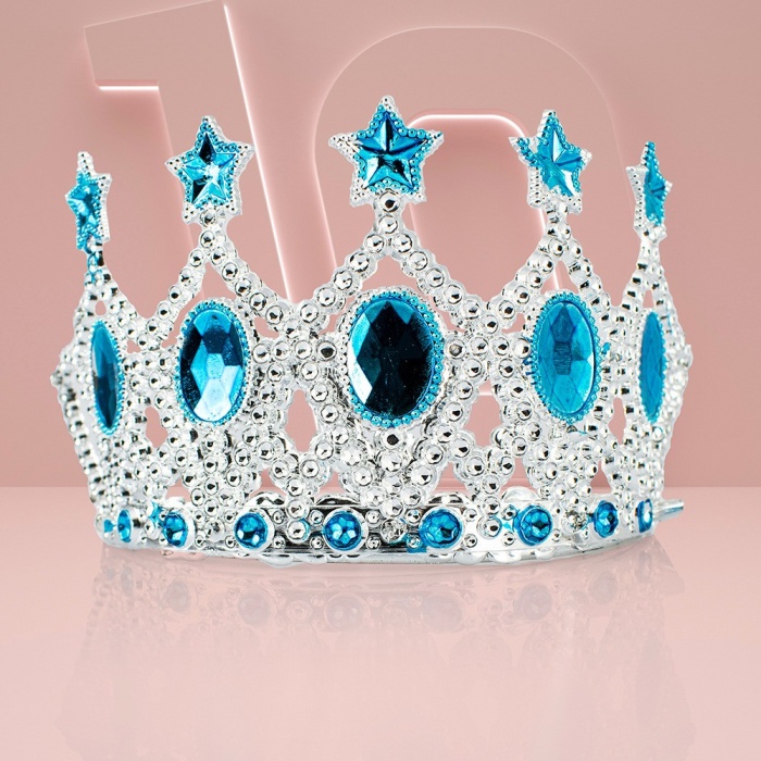 Çocuk Kraliçe Tacı - Mavi Yıldız İşlemeli Prenses Tacı 15x7 cm (K0)