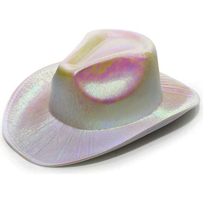 Neon Hologramlı Kovboy Model Parti Şapkası Beyaz Yetişkin 39X36X14 cm (K0)