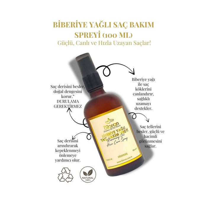 Biberiye Yağlı Saç Bakım Spreyi - Hızlı Uzama ve Canlandırıcı Etki Cam Şişede (100 ML)