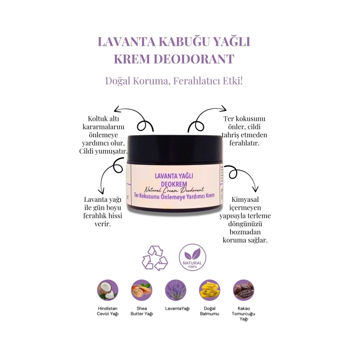 Lavanta Yağlı Deokrem 30 ml - Doğal Krem Deodorant, Cam Kavanozda
