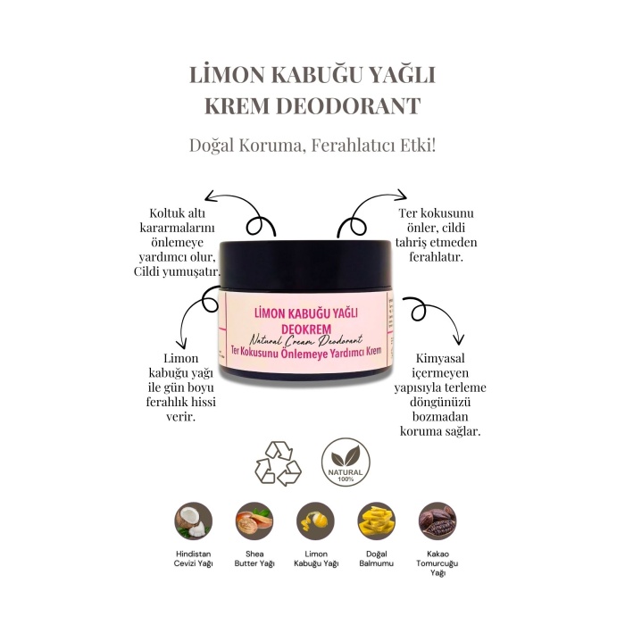 Limon Kabuğu Yağlı Deokrem 30 ml - %100 Doğal Krem Deodorant, Cam Kavanozda
