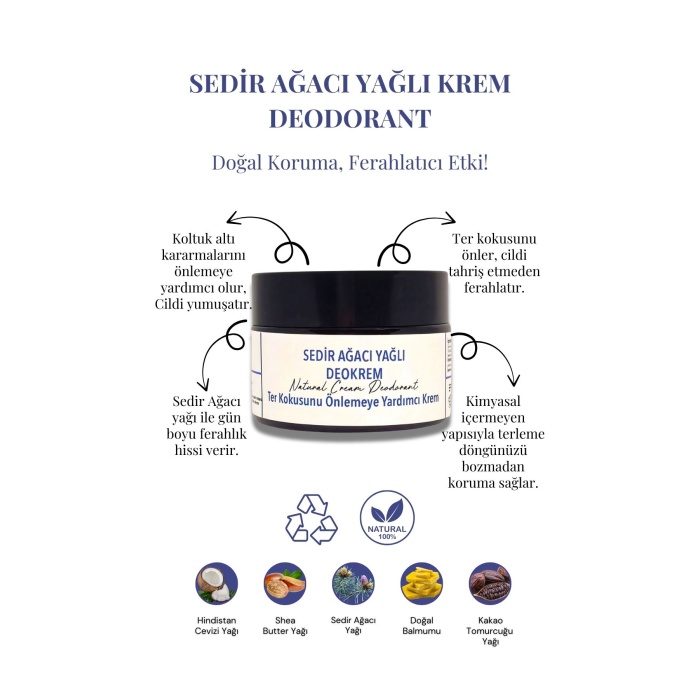 Sedir Ağacı Yağlı Deokrem 30 ml - Doğal ve Etkili Krem Deodorant, Cam Kavanozda