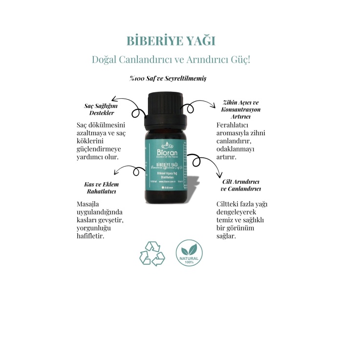 Biberiye Yağı %100 Saf Bitkisel Uçucu Yağ 10 ml. (Rosmarinus officinalis Leaf Oil)