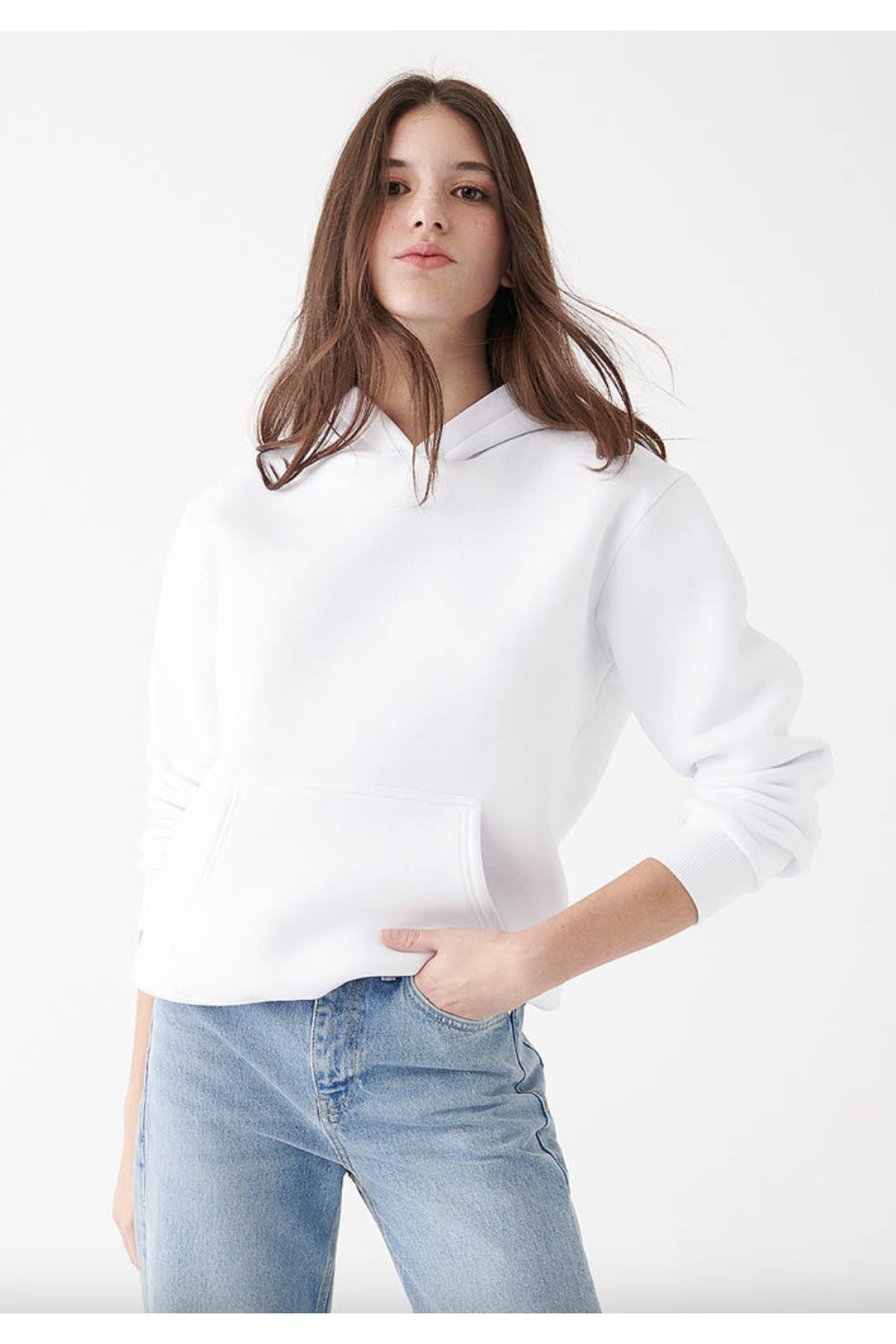 Şardonlu Kapüşonlu Süt Beyaz Basic Sweatshirt