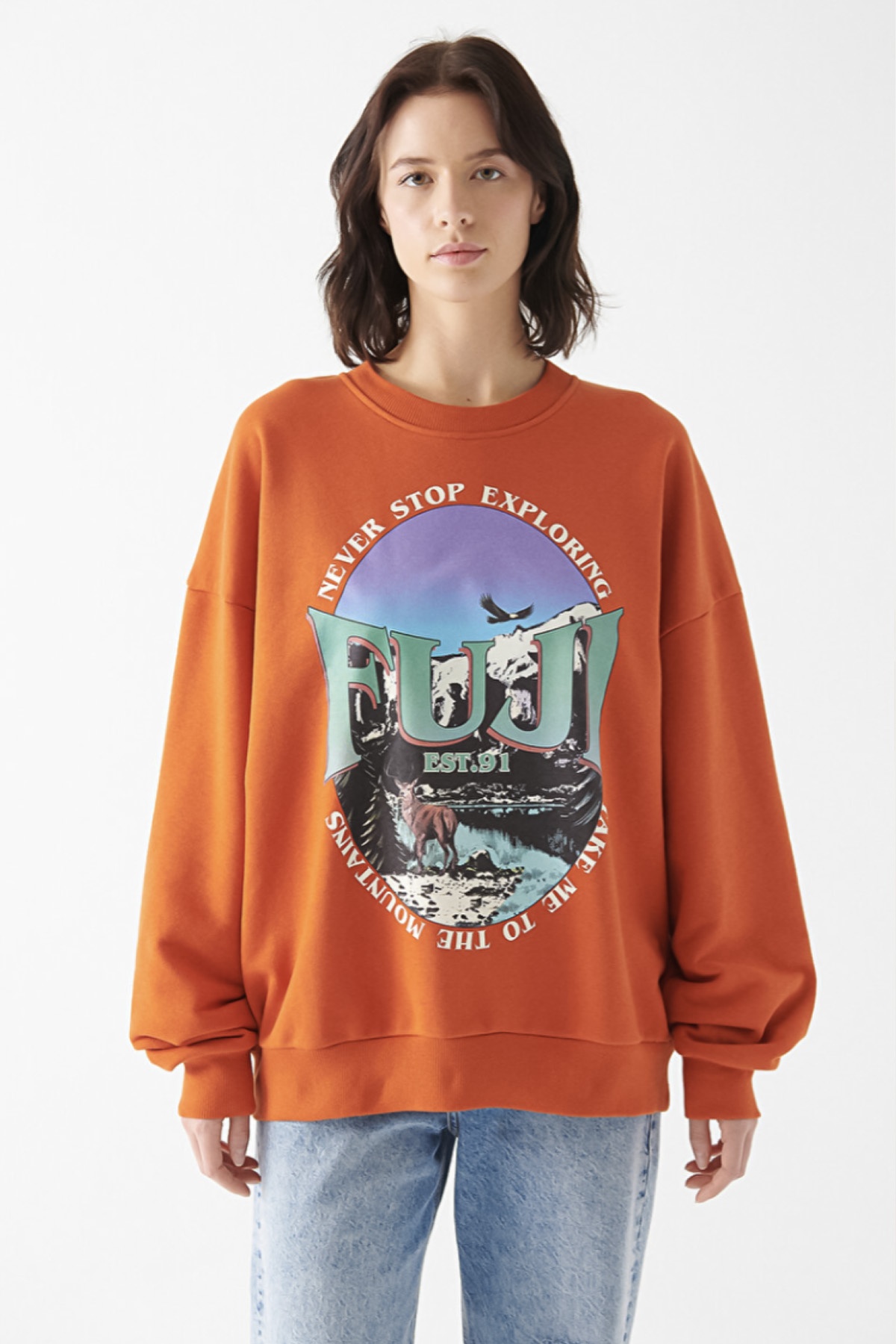 Fuji Baskılı Sweatshirt Günbatımı Turuncu