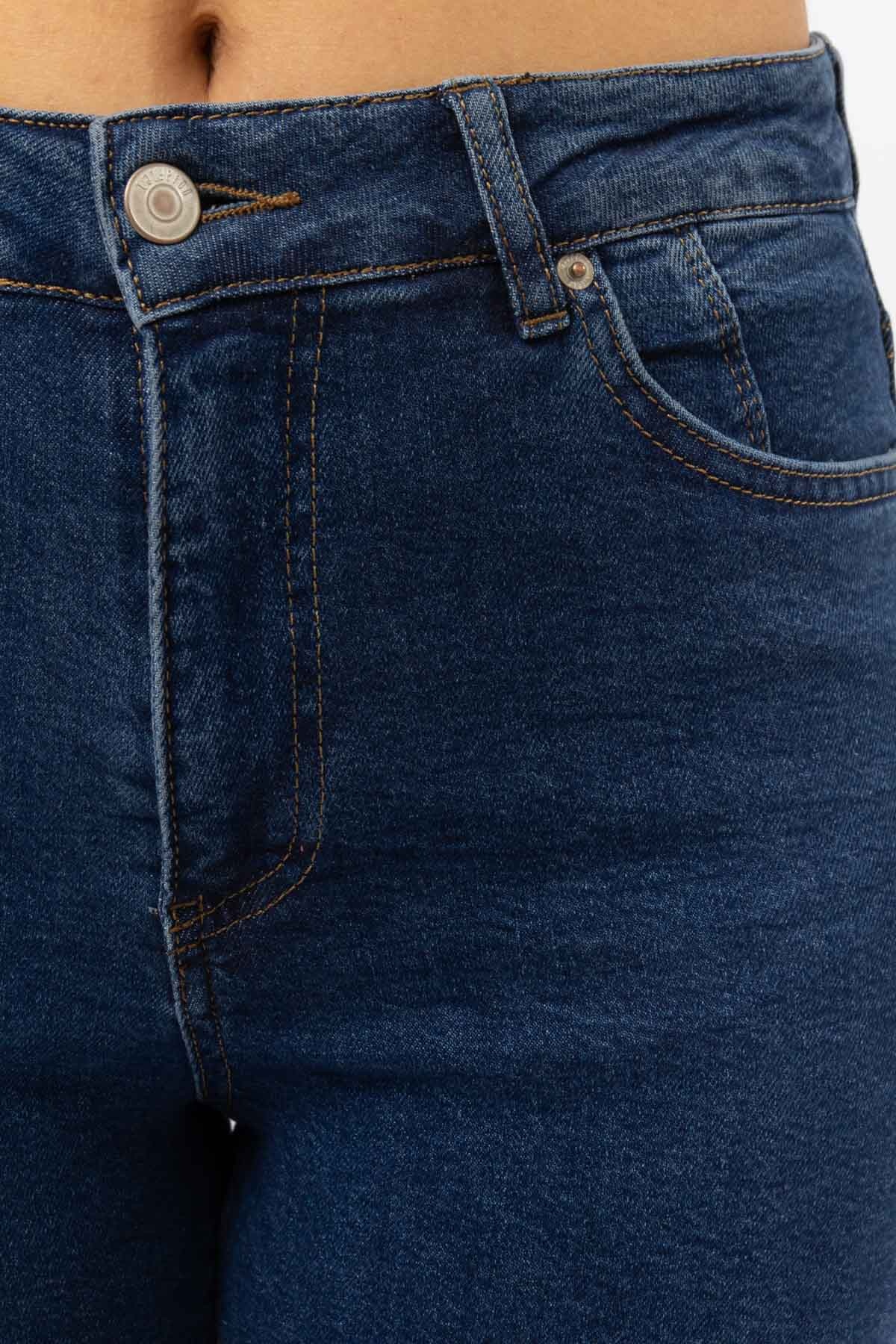 Lacivert Denim Paça Detay Likralı Mum Jeans
