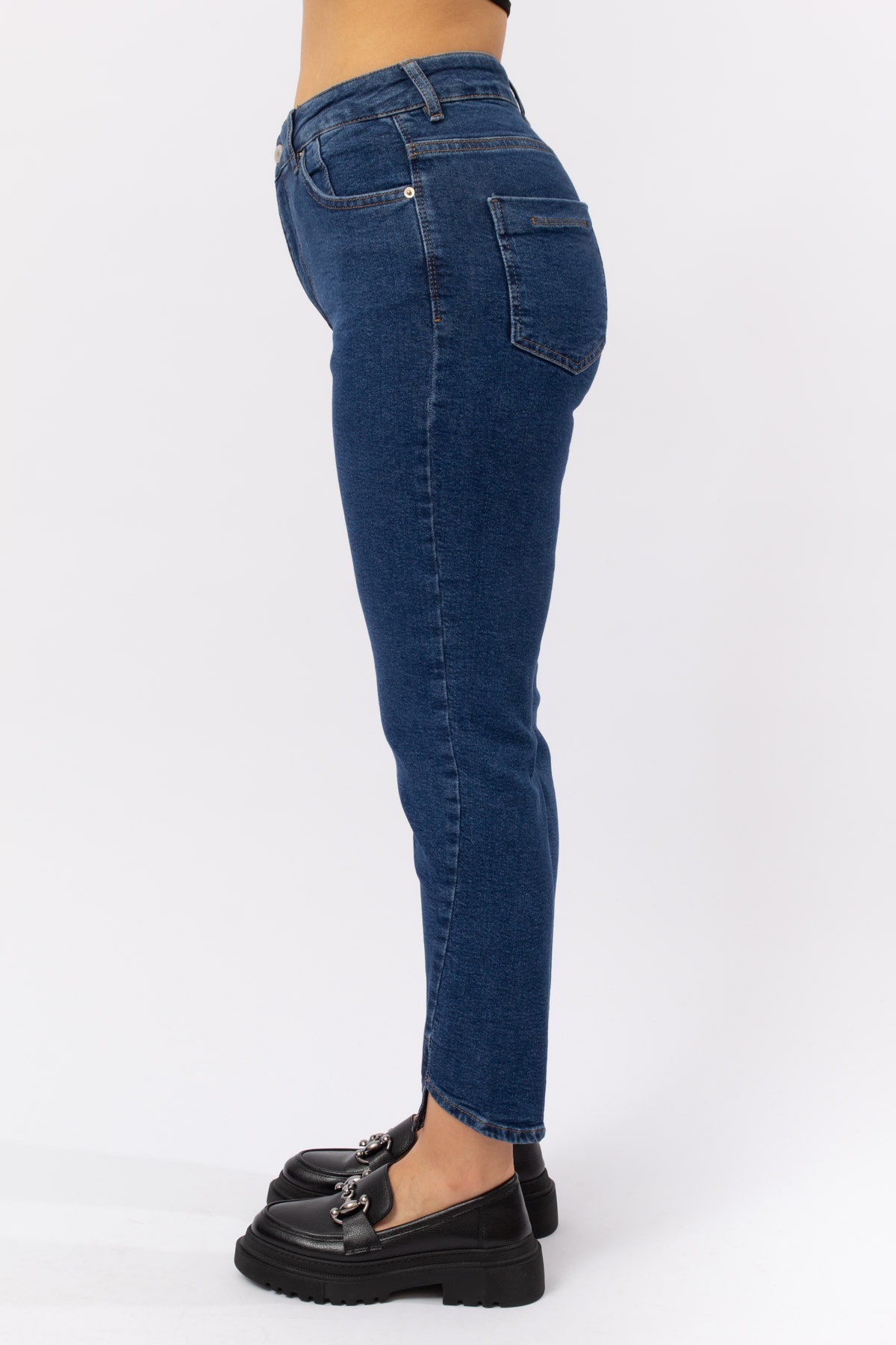Lacivert Denim Paça Detay Likralı Mum Jeans