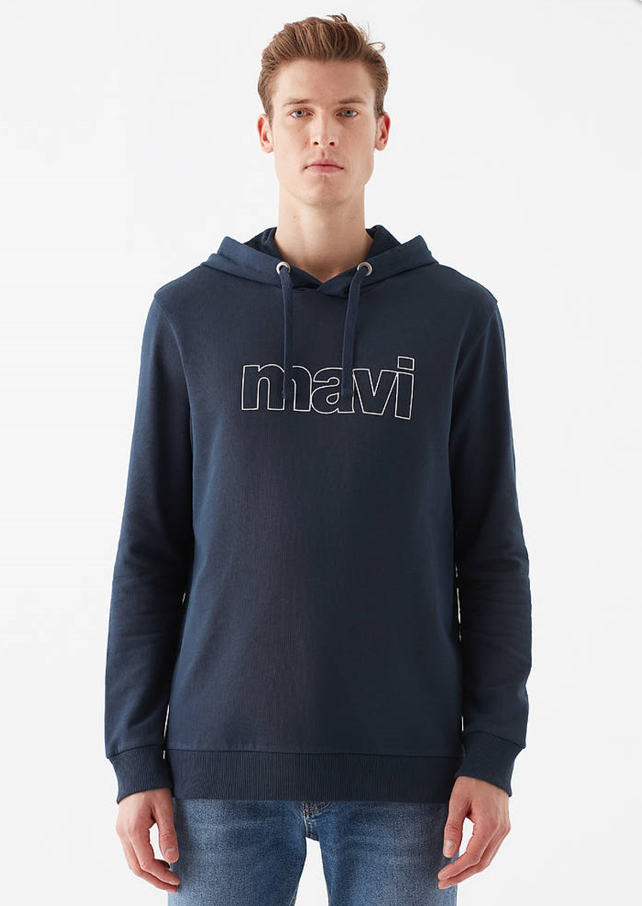 Mavi Logo Baskılı Kapüşonlu Gece Lacivert Sweatshirt
