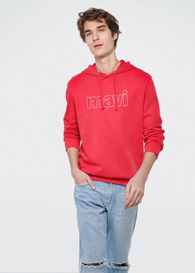 Mavi Logo Baskılı Kapüşonlu Koyu Kırmızı Sweatshirt