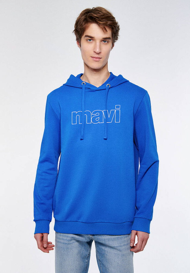 Mavi Logo Baskılı Kapüşonlu Saks Sweatshirt