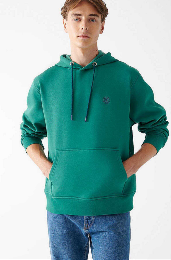 Mavi Logo Nakışlı Kapüşonlu Kirli Yeşil Oversize Sweatshirt