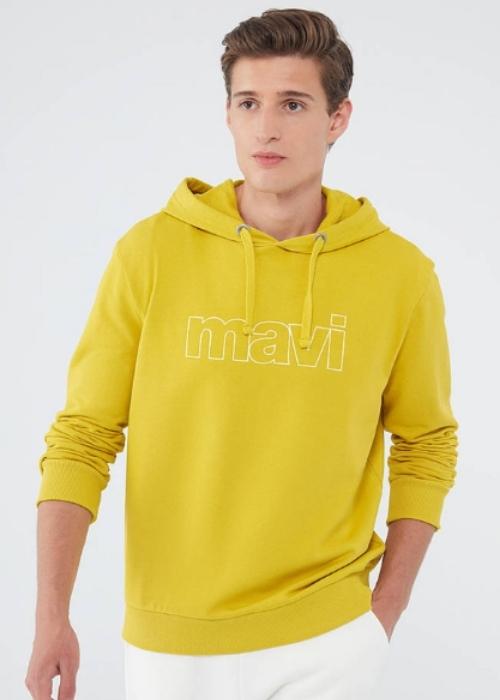 Mavi Logo Baskılı Kapüşonlu Açık Hardal Sweatshirt